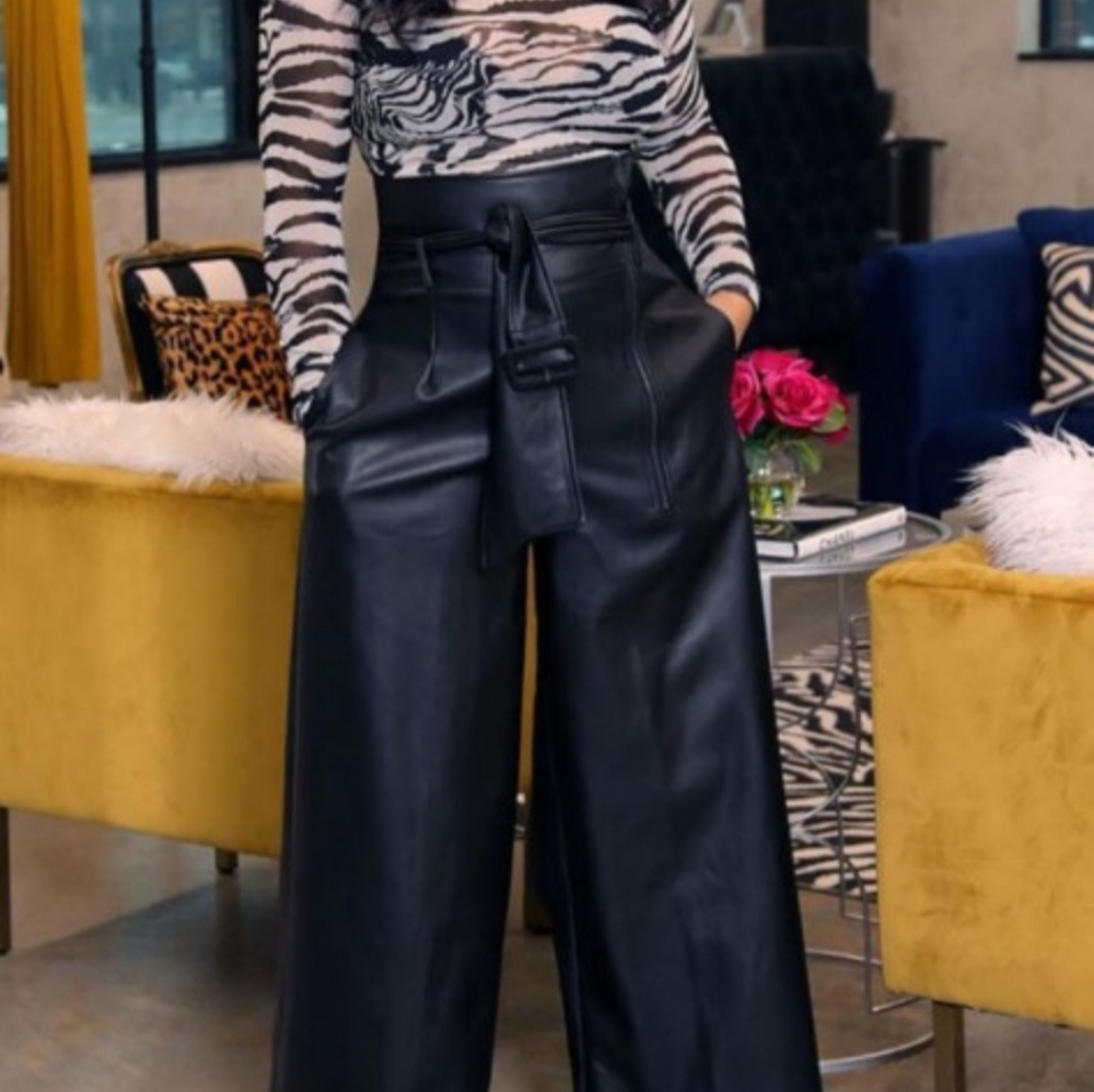 Faux-Leather Belted Flare Leg Pants
